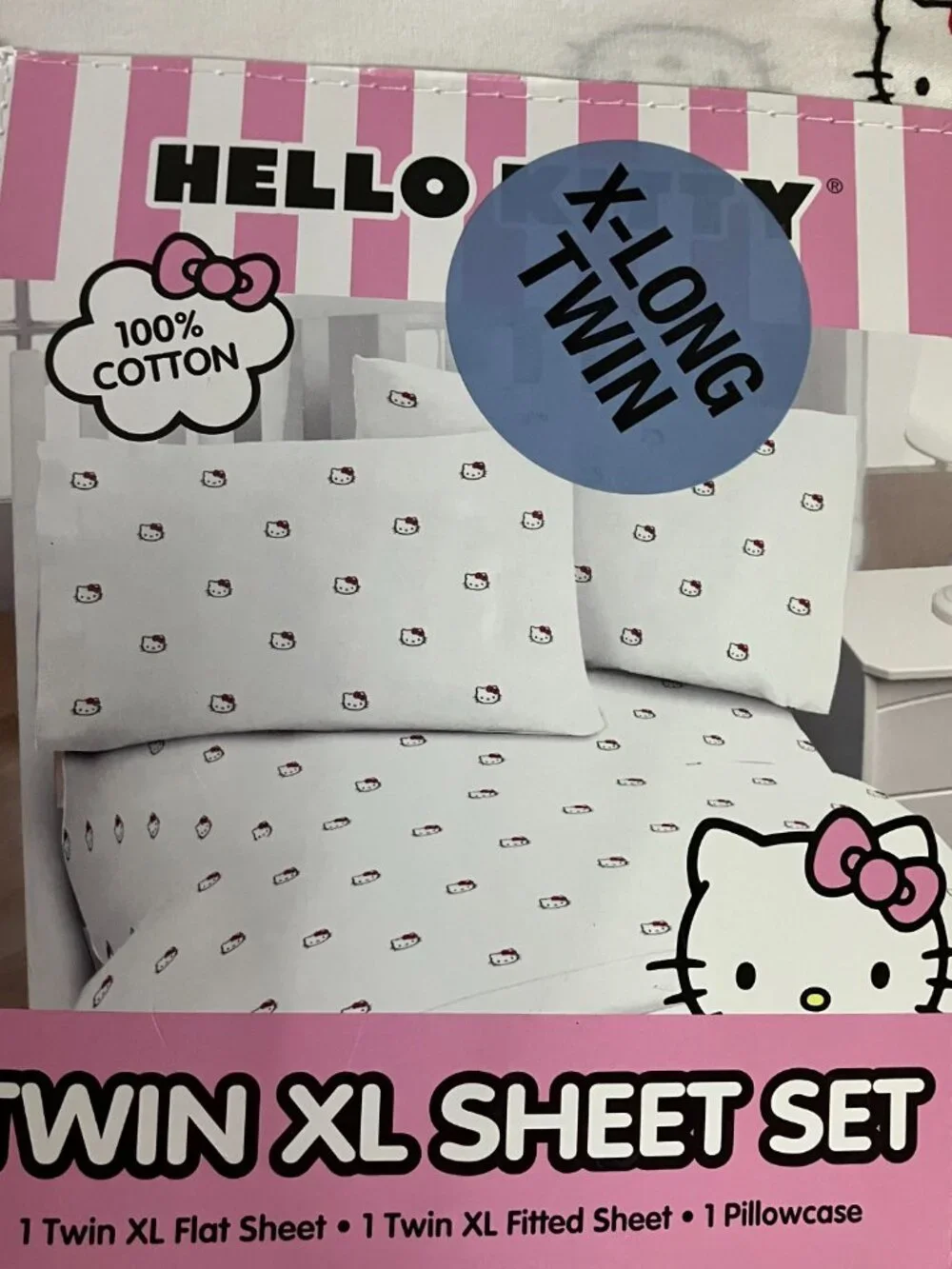 Hello Kitty Twin XL Sheet Set White Pink 100% Cotton 3 Piece Sanrio Bedding
